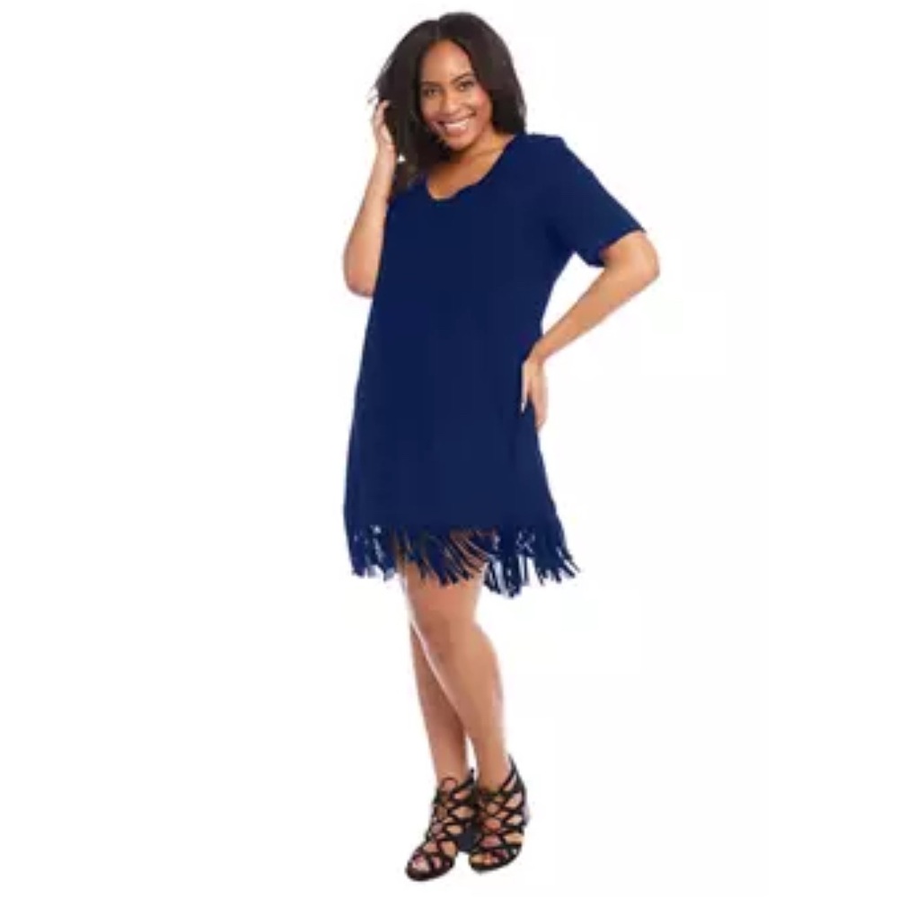 Karen Kane Dress Knit Jersey Short Sleeve Fringe Hem  3X Navy Blue